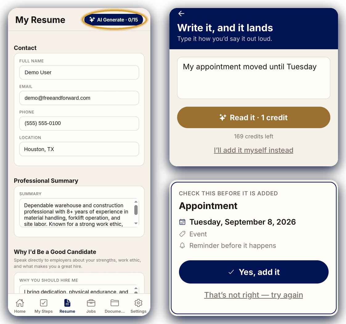 Free and Forward app AI Resume Writer drafting a resume section, including honest wording for a gap in work history