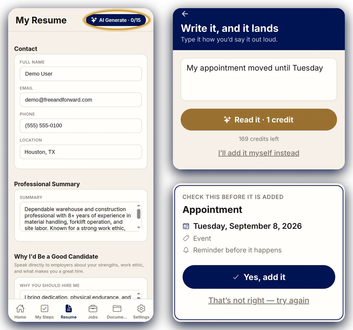 Free and Forward app AI Resume Writer drafting a resume section, including honest wording for a gap in work history