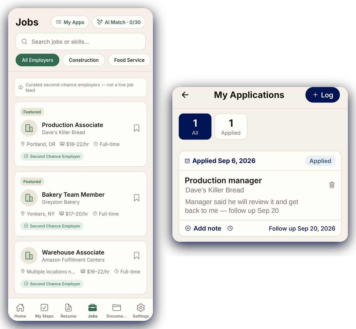 Free and Forward app job board listing curated second-chance employers with pay and location