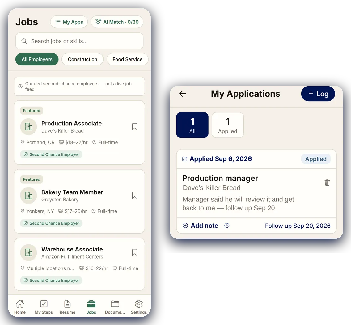 Free and Forward app job board listing curated second-chance employers with pay and location