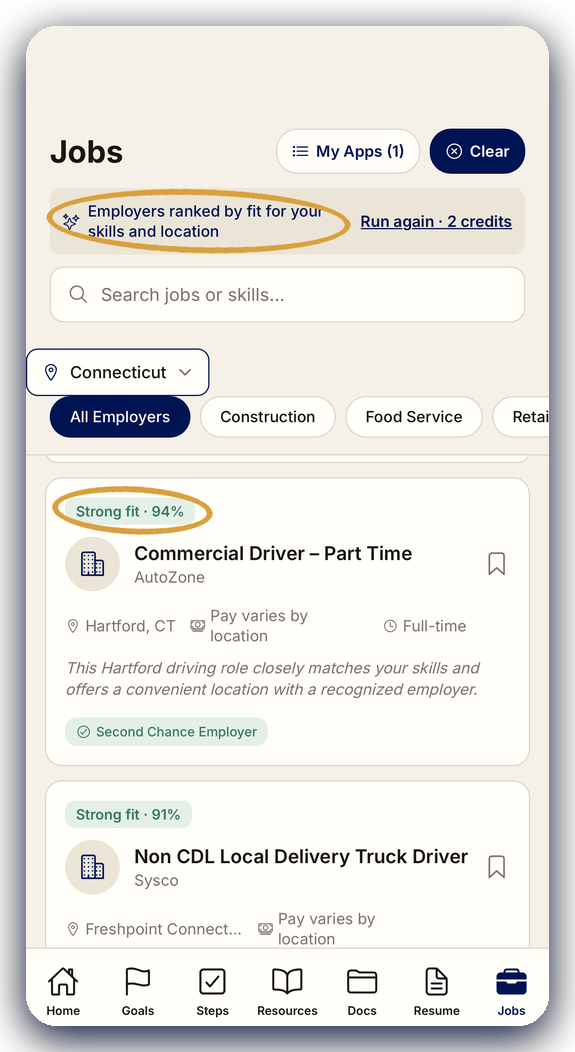 Free and Forward app job match screen scoring verified second-chance employers against the user's resume