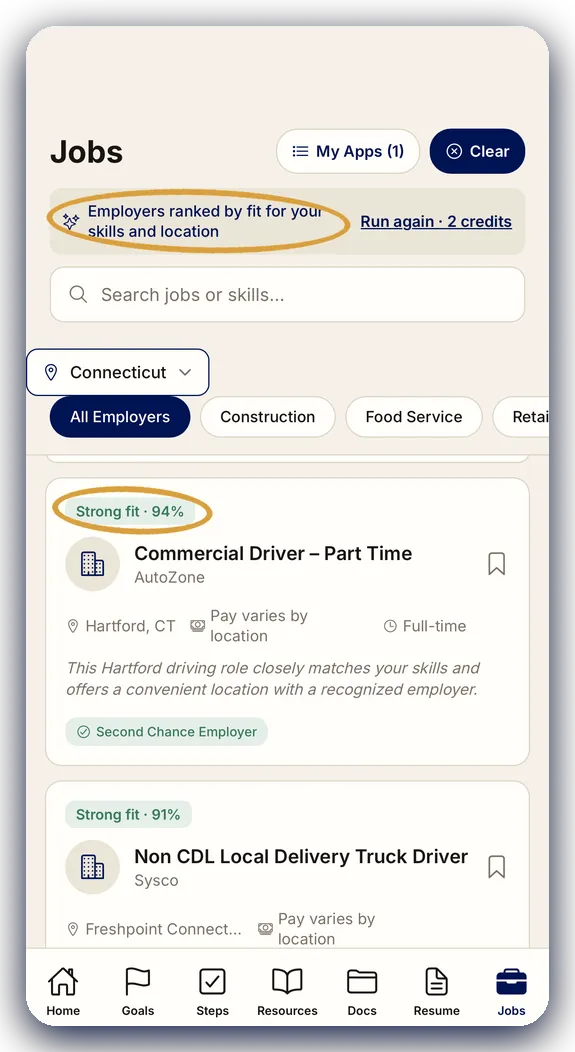 Free and Forward app job match screen scoring verified second-chance employers against the user's resume