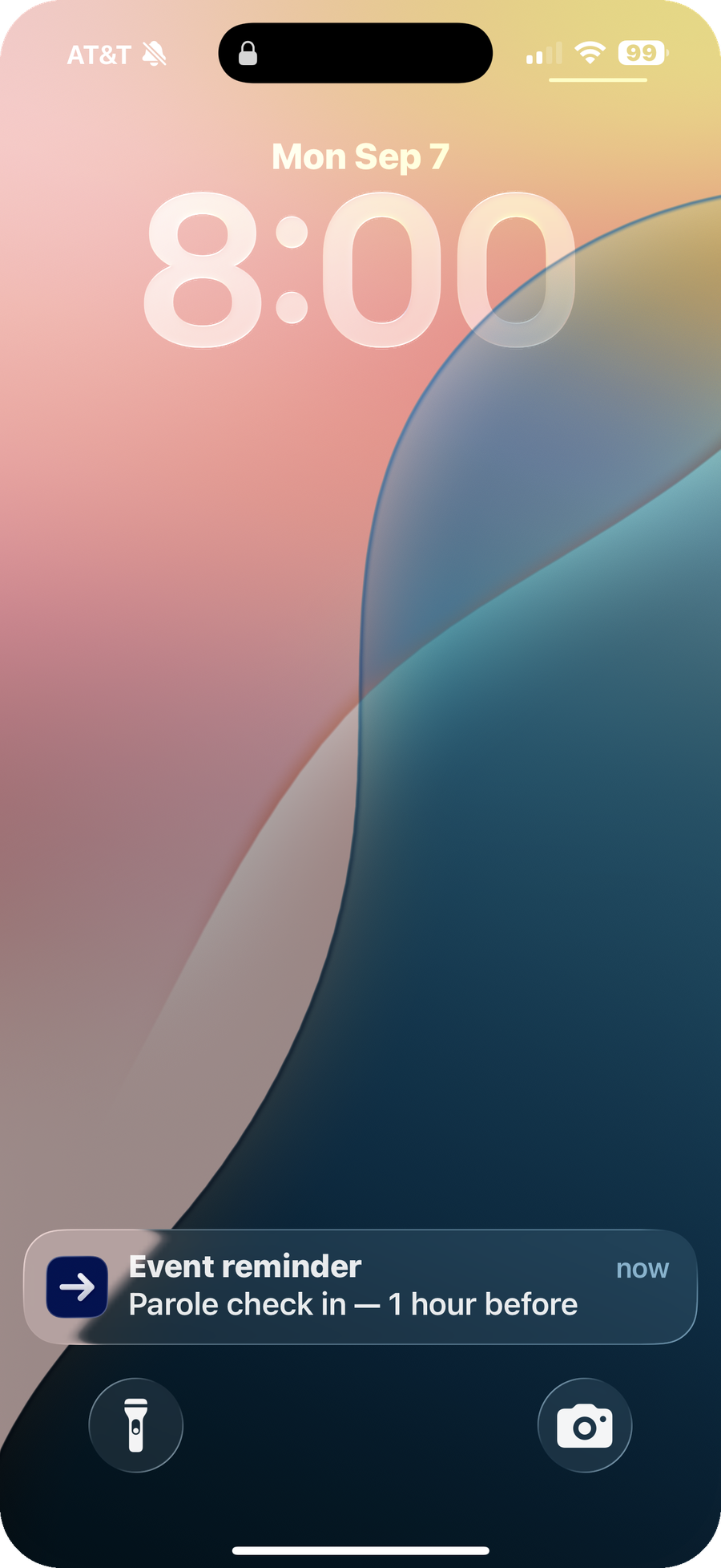 A phone lock screen showing a Free and Forward notification that reads Event reminder, parole check in, 1 hour before