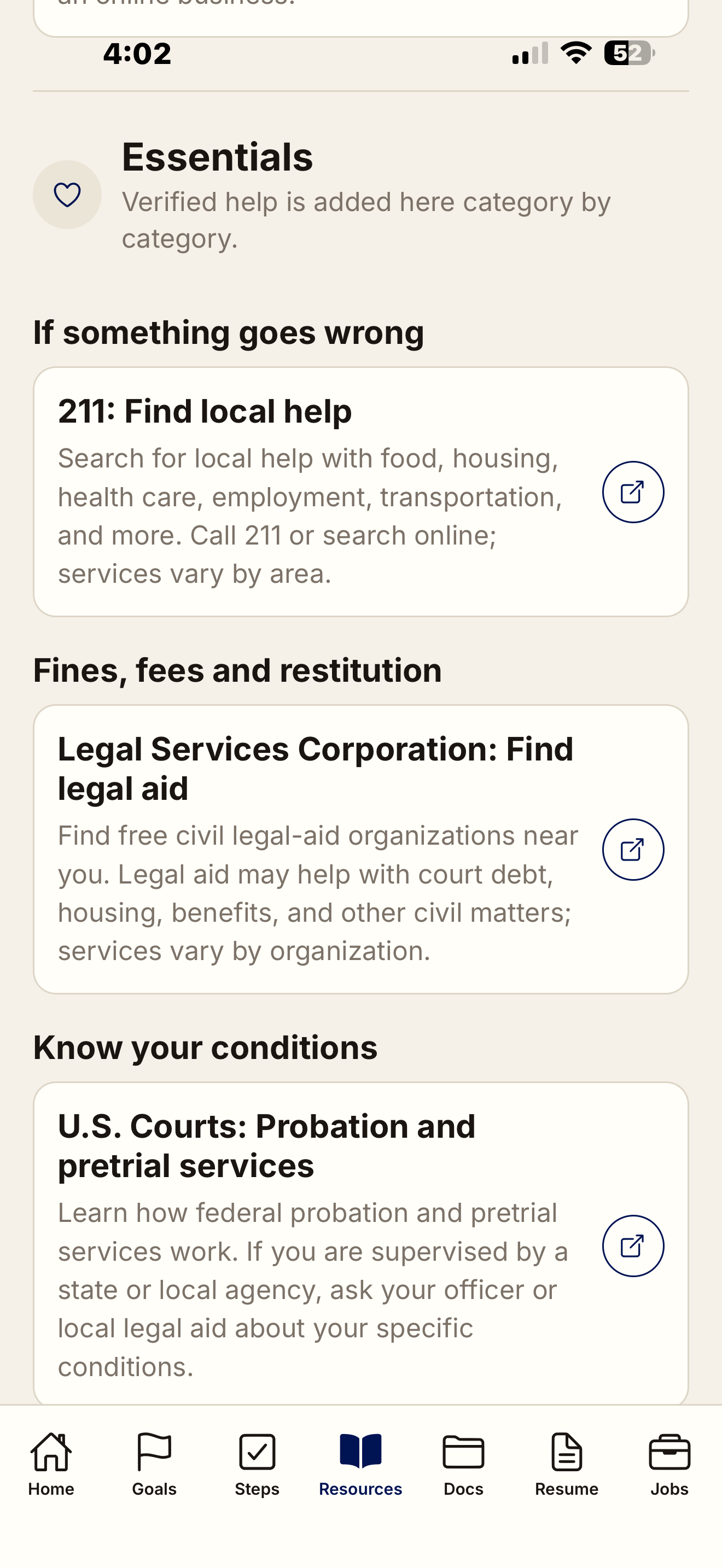 Free and Forward app Essentials screen listing verified help: 211 for local food, housing and health services, Legal Services Corporation for free civil legal aid, and U.S. Courts probation and pretrial information