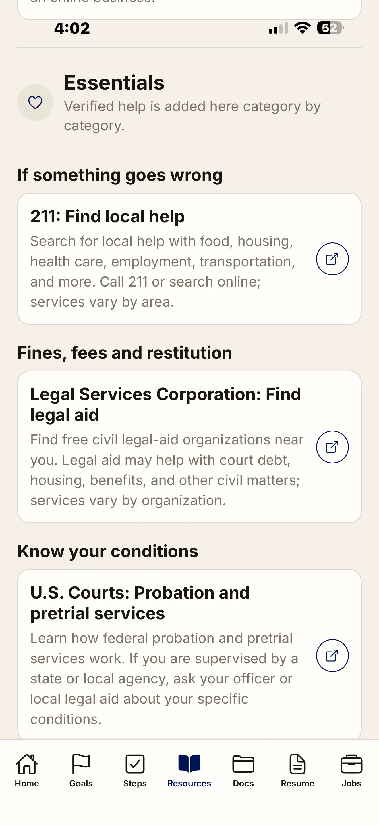 Free and Forward app Essentials screen listing verified help: 211 for local food, housing and health services, Legal Services Corporation for free civil legal aid, and U.S. Courts probation and pretrial information