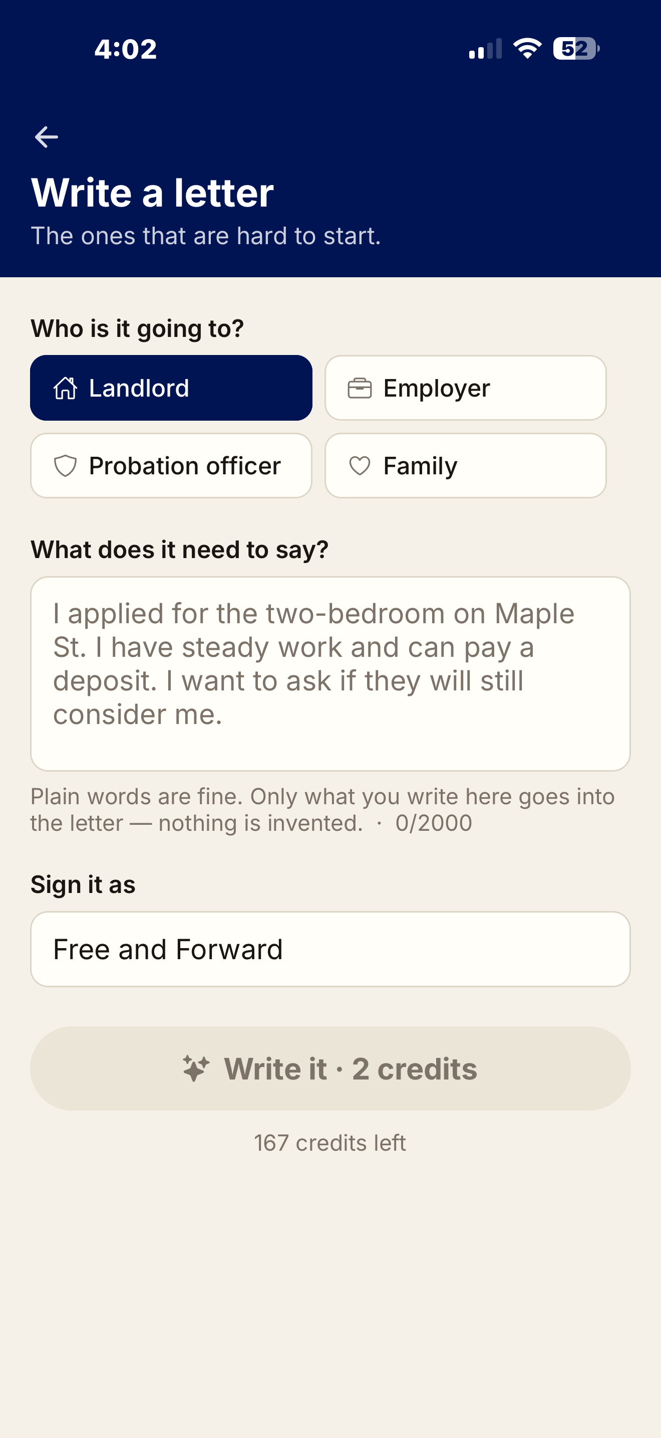 Free and Forward app Write a Letter screen, addressed to a landlord, with the person's own plain-words notes about applying for an apartment