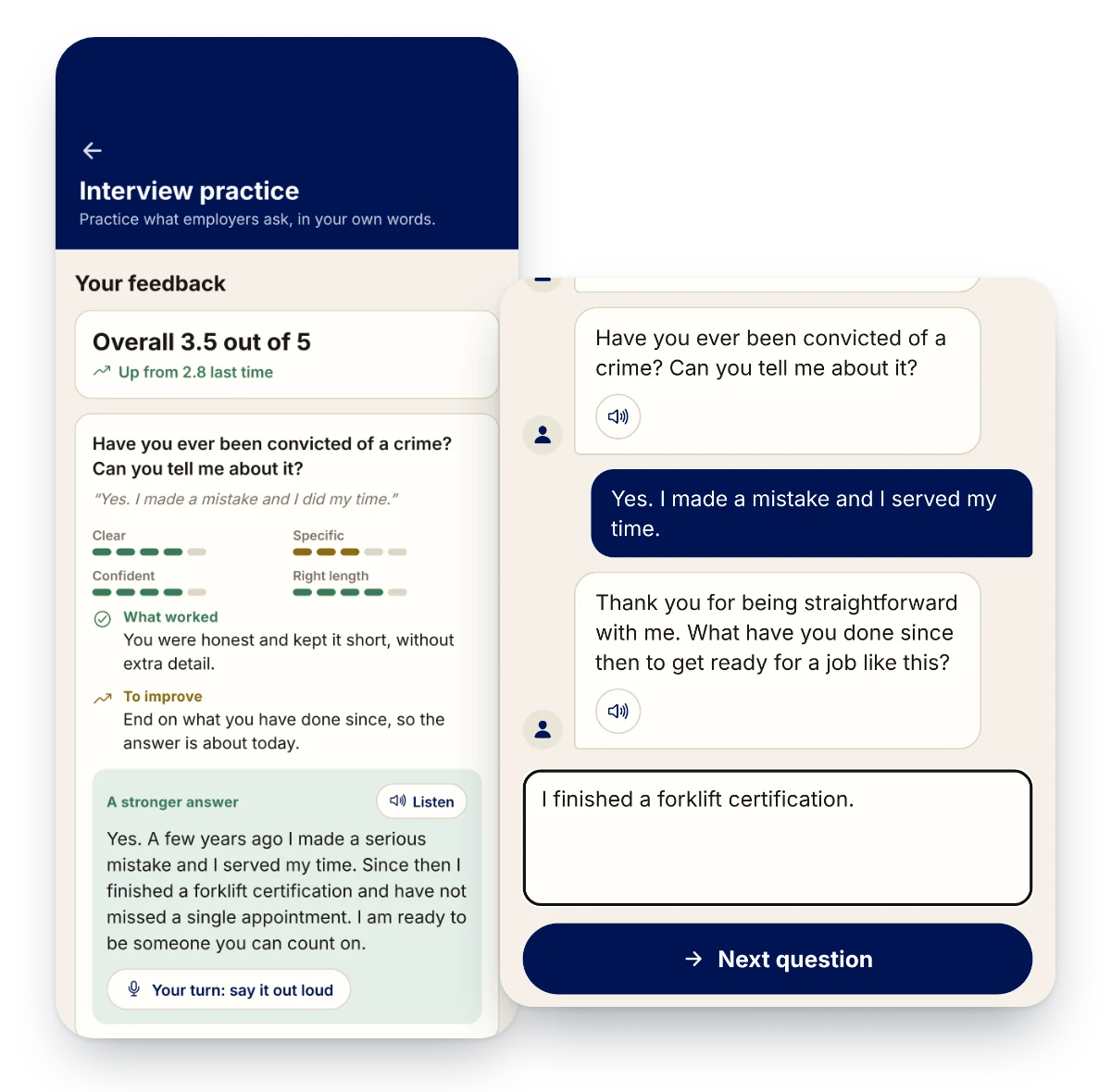 Free and Forward app interview practice with AI scores for clear, specific, confident and length, a stronger answer, and a live mock interview