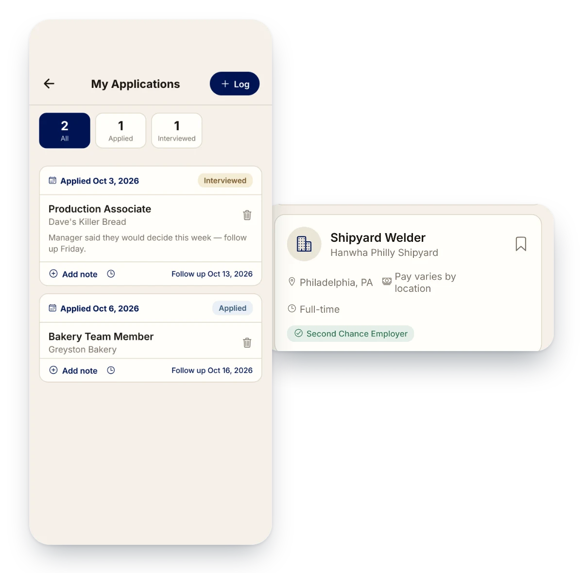Free and Forward app My Applications screen tracking job applications with status, notes and follow-up dates
