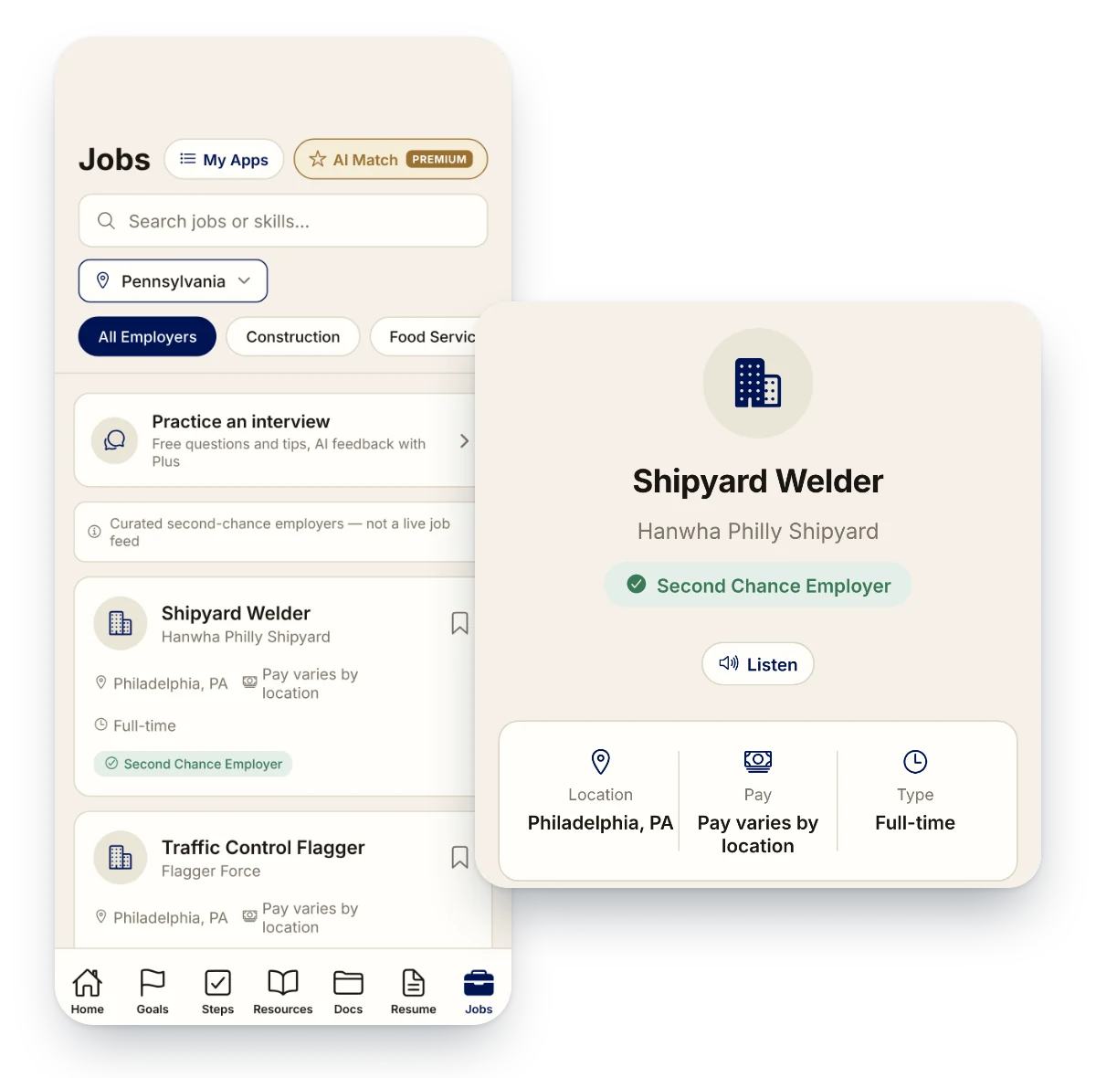 Free and Forward app job board listing second-chance employers, with a job's details and a Listen button