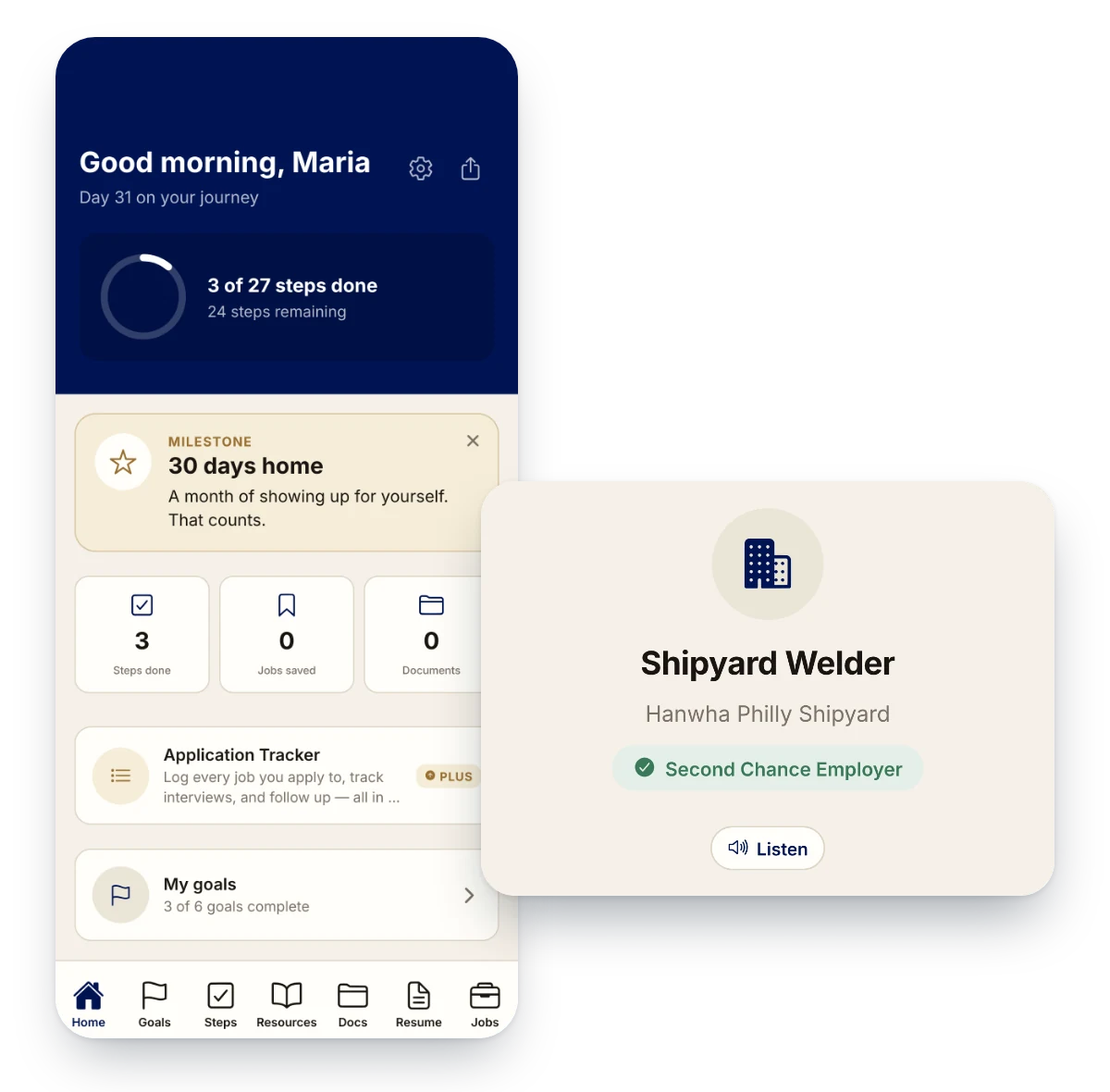 Free and Forward app home screen celebrating 30 days home, with a Listen button that reads a job listing out loud