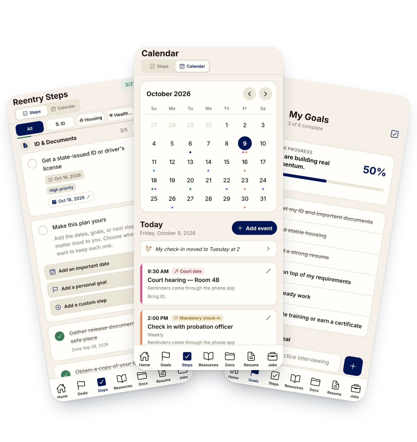 Three Free and Forward app screens fanned side by side: the 27-step reentry checklist, the calendar with court dates and check-ins, and the goal tracker with a progress bar
