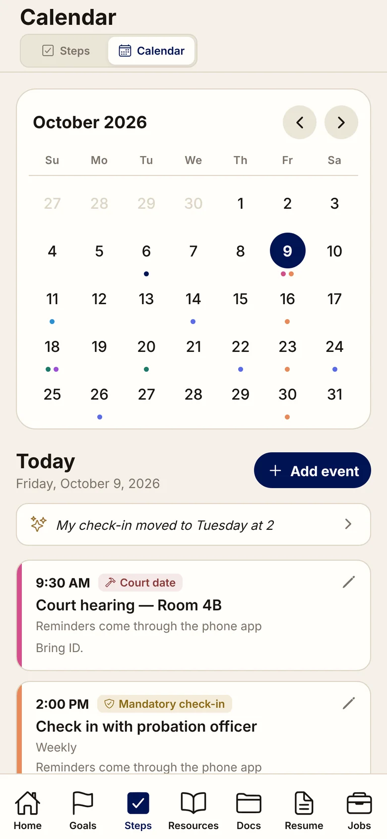 Free and Forward app showing the calendar of court dates and check-ins