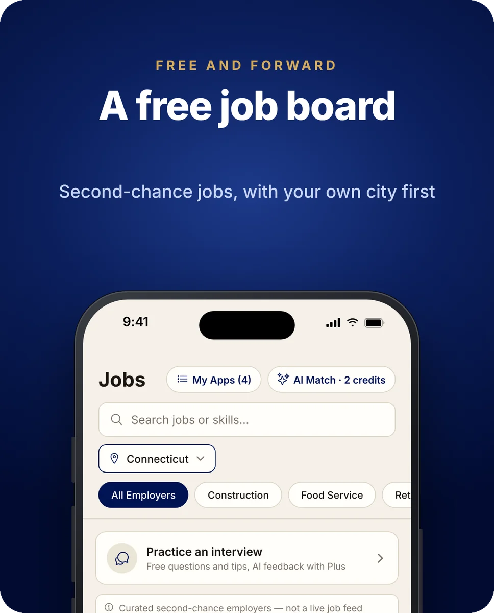 Free and Forward app job board listing second-chance employers, with a job's details and a Listen button
