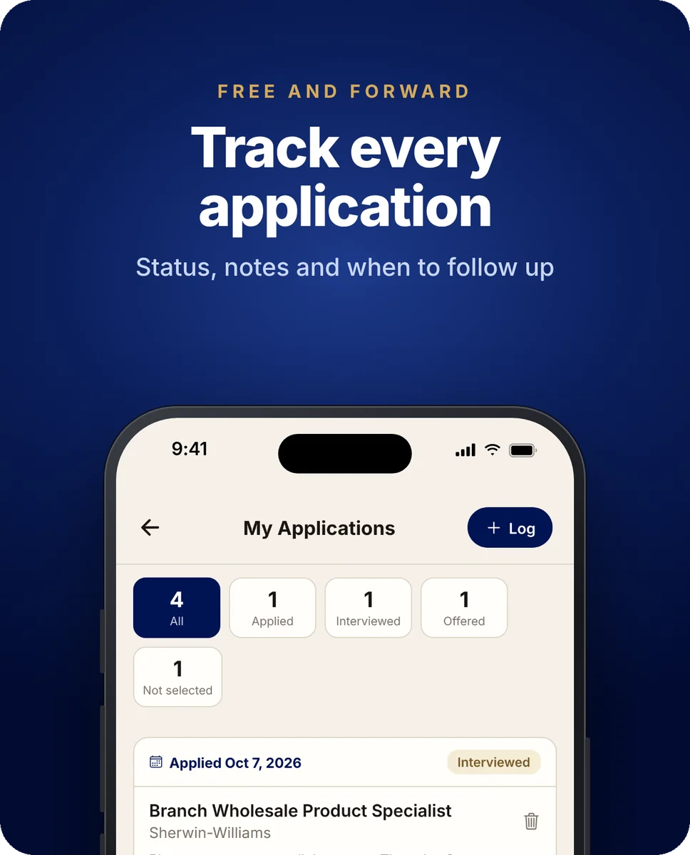 Free and Forward app My Applications screen tracking job applications with status, notes and follow-up dates