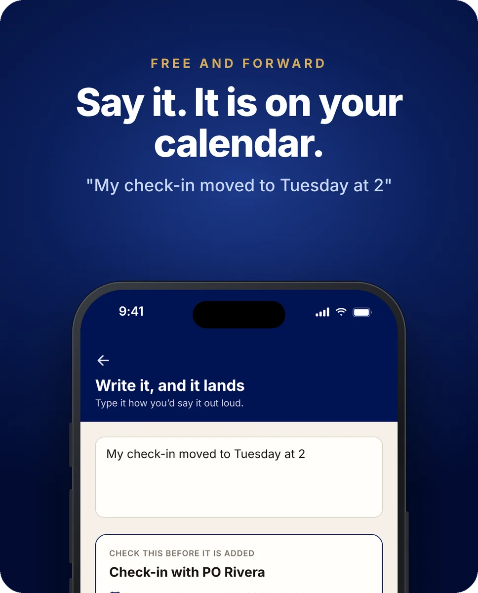Free and Forward app reading a typed appointment, my check-in moved to Tuesday at 2, and showing the full date before it is added