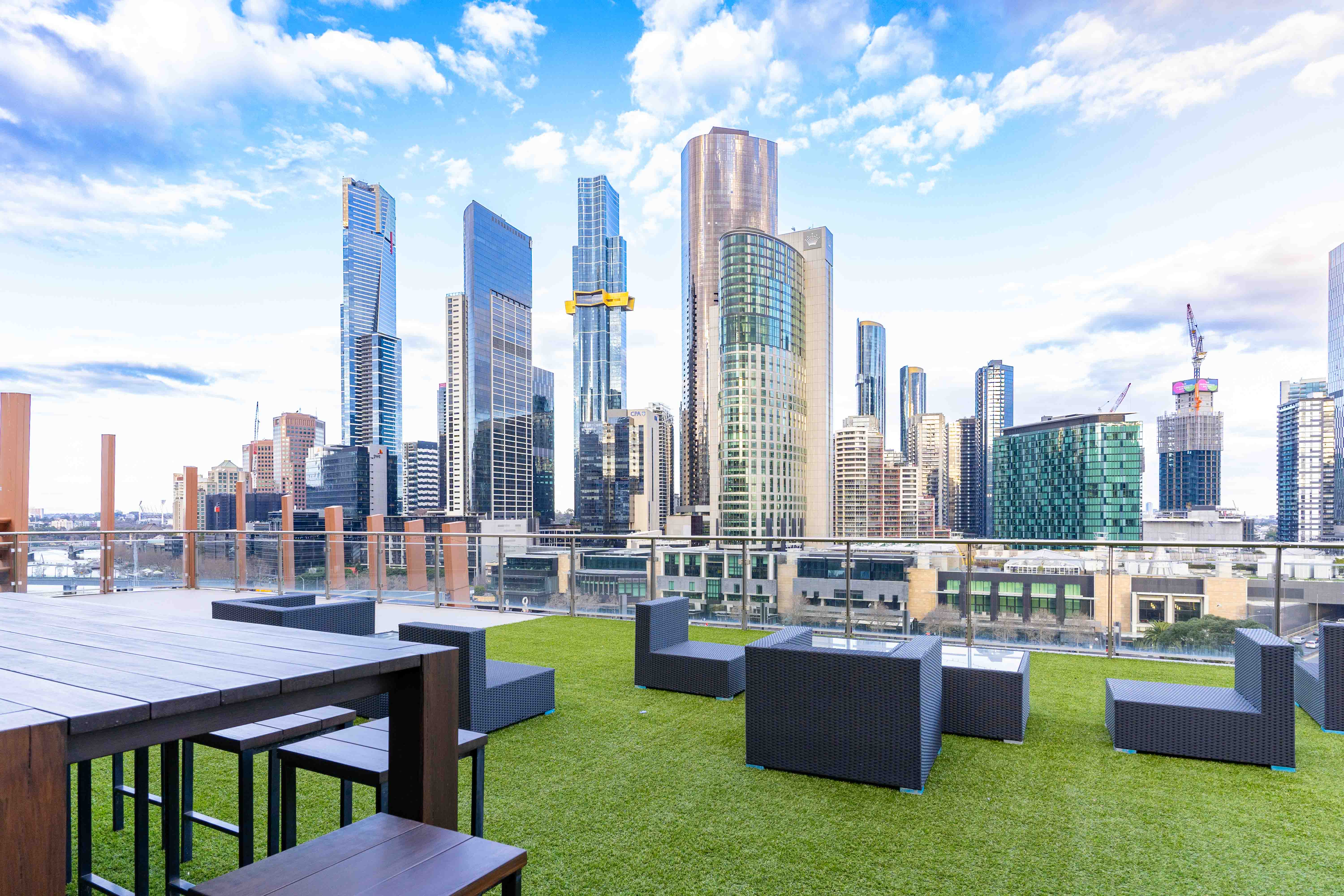 Rooftop terrace overlooking the Melbourne skyline near Danford College's Flinders Street campus