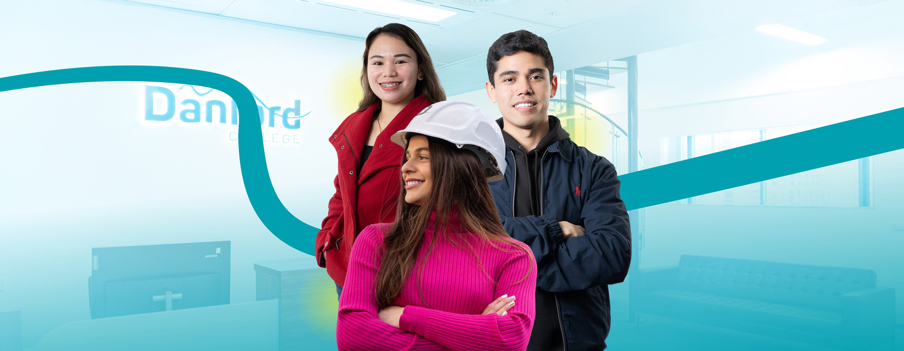 Three Danford College students standing together on campus near the Danford sign