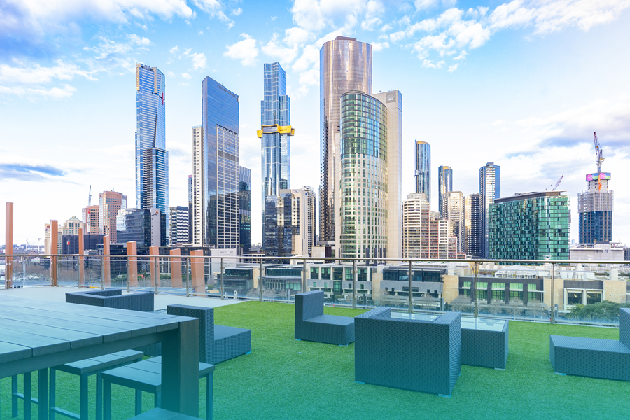 Melbourne skyline view from a rooftop terrace near Danford College