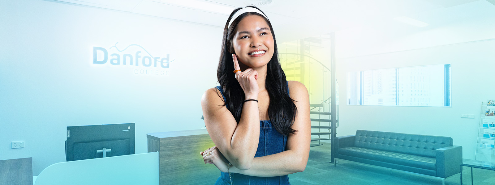 Illustrated graphic of a smiling student in the Danford College reception area