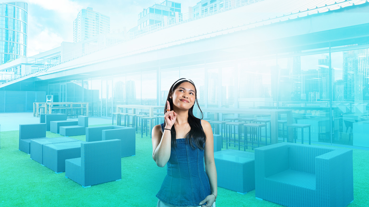 Illustrated graphic of a student on a Melbourne rooftop terrace, promoting Danford College events