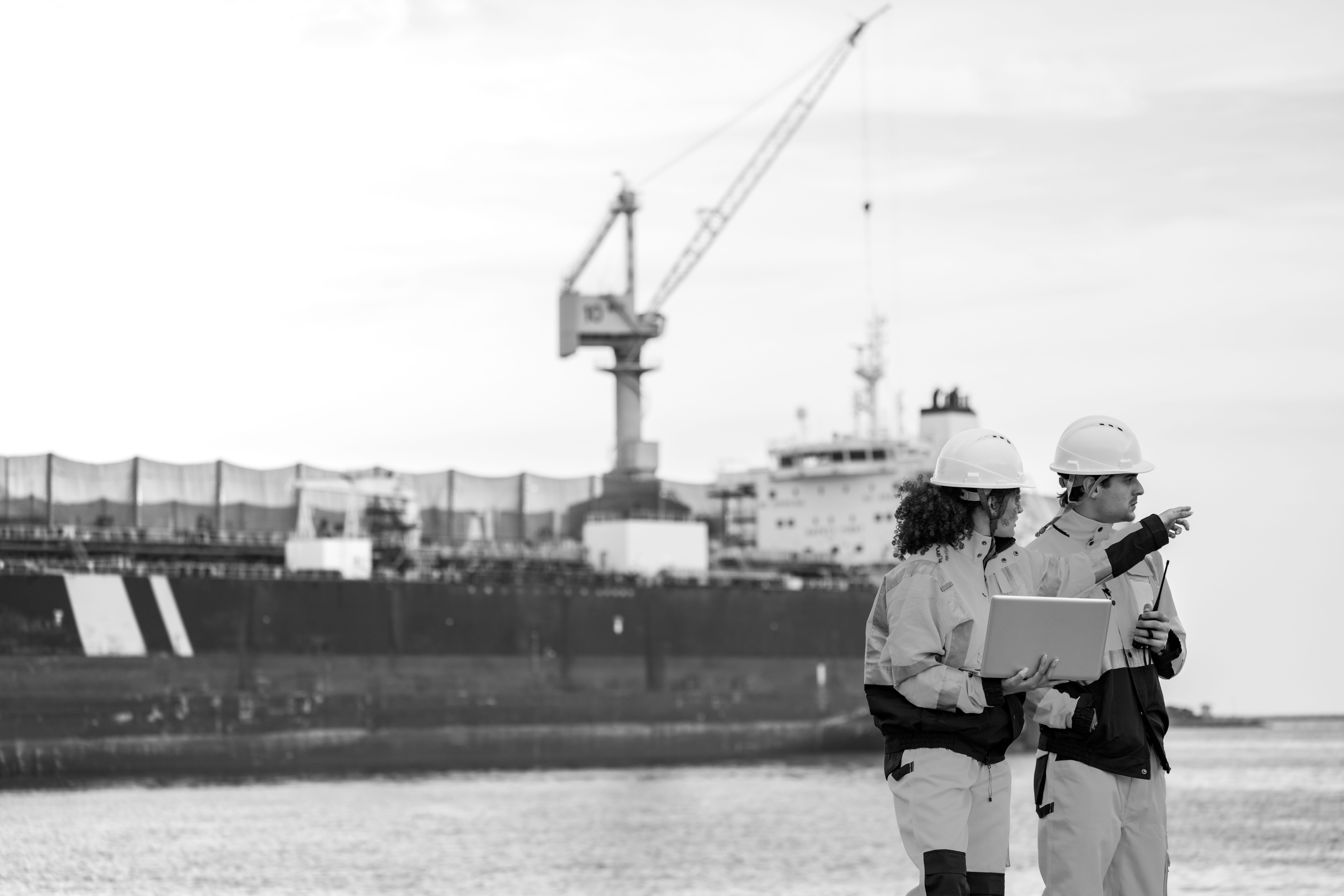 Two inspectors on a quayside beside a bulk carrier