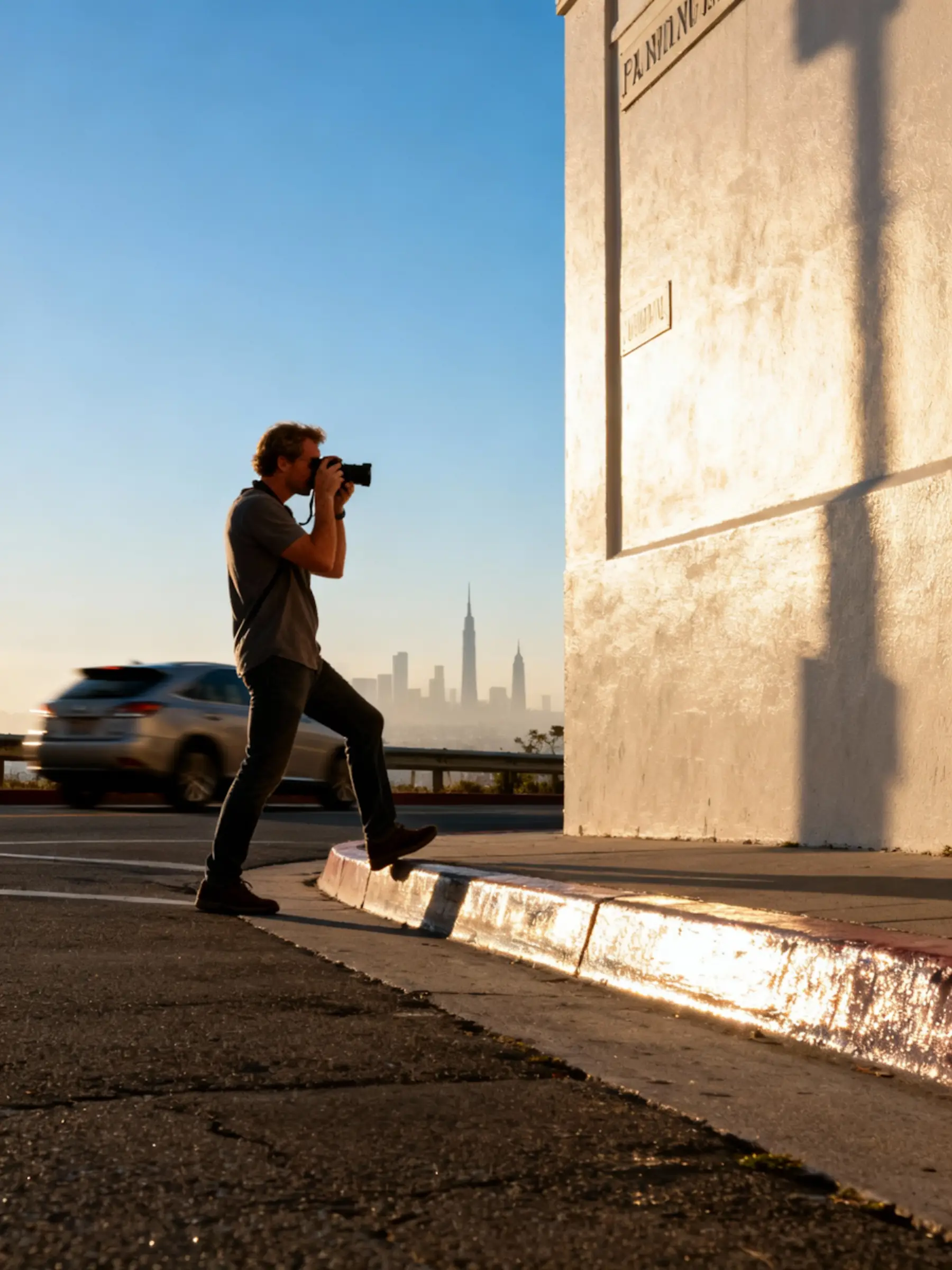 Photographer working on location while capturing a portrait.