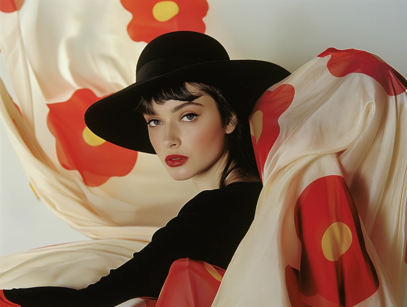 Elegant woman wearing a striking hat in a refined fashion portrait.