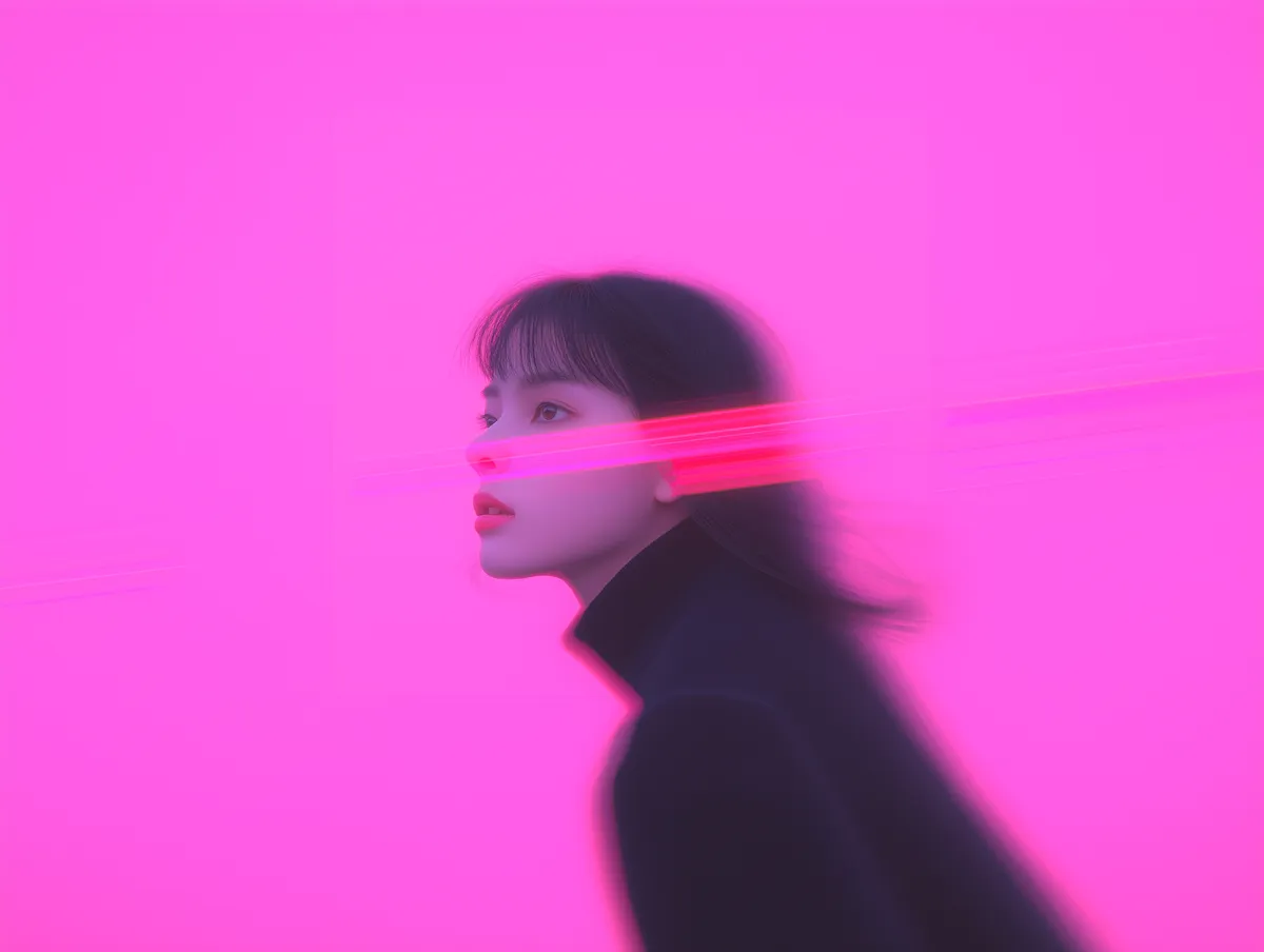 Woman in profile illuminated by a narrow pink beam of light.