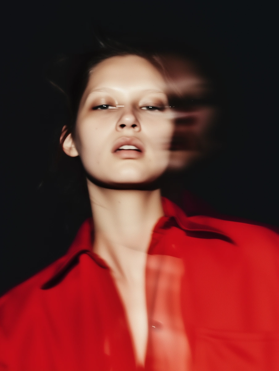Artistic double exposure portrait combining a human subject with a layered scene.
