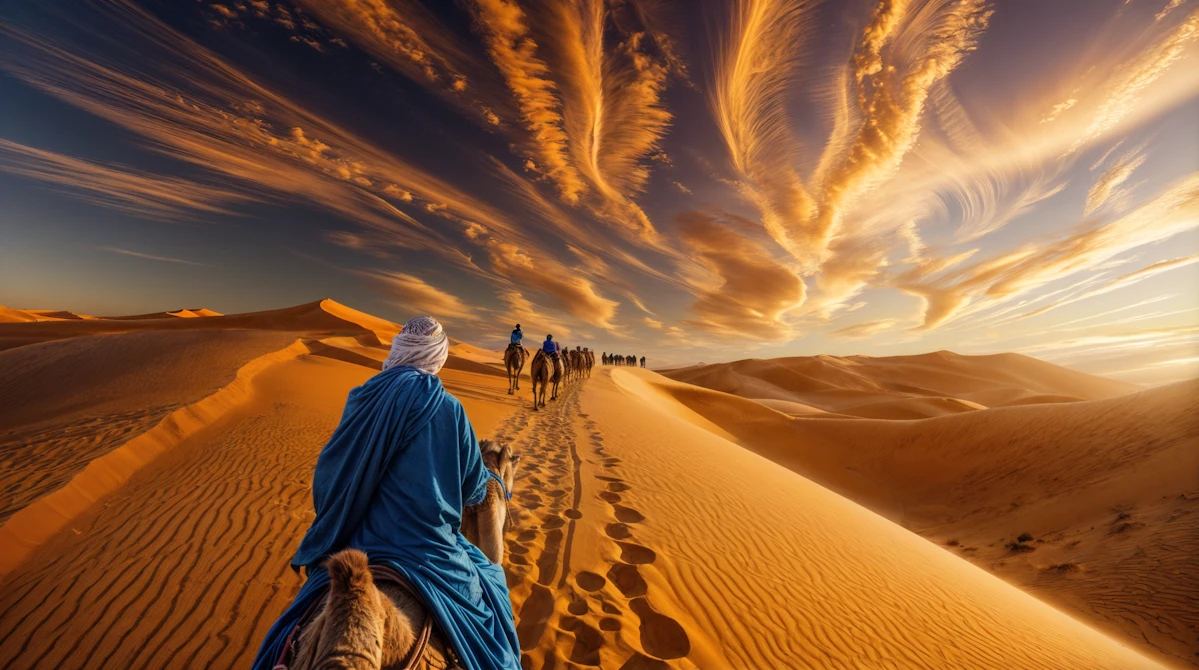 Caravan traveling through a desert landscape at sunset.