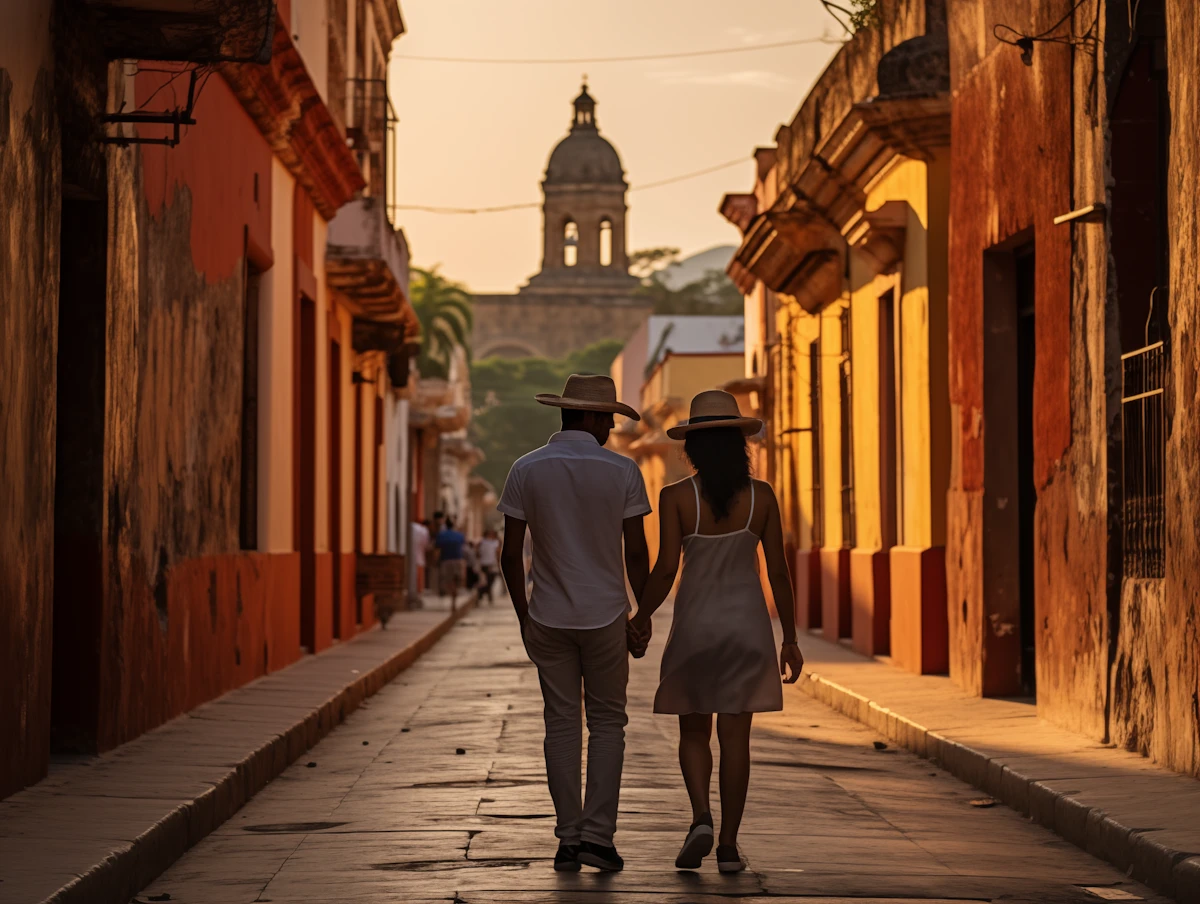 Romantic portrait scene photographed during golden hour on a historic street.