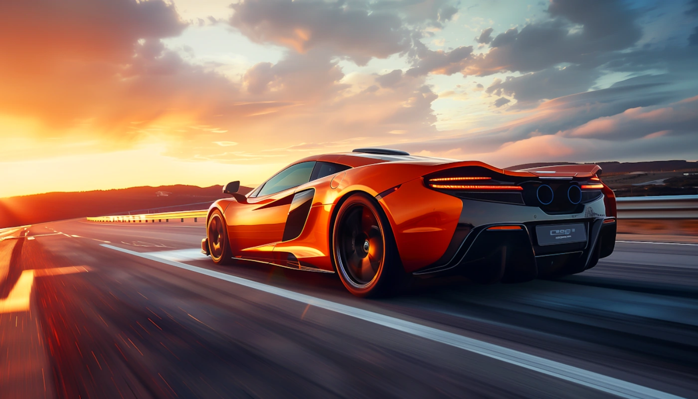 Sports car captured in motion during a dramatic sunset.