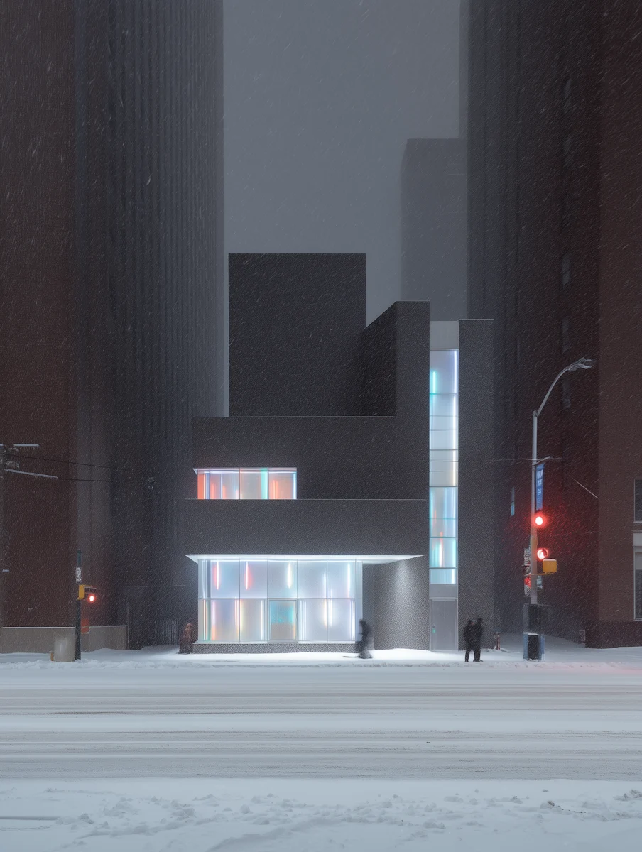 Urban scene glowing beneath snowy evening conditions.