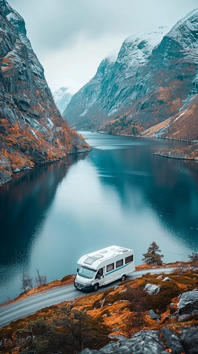 Camper van beside a serene lake with mountains in the background.