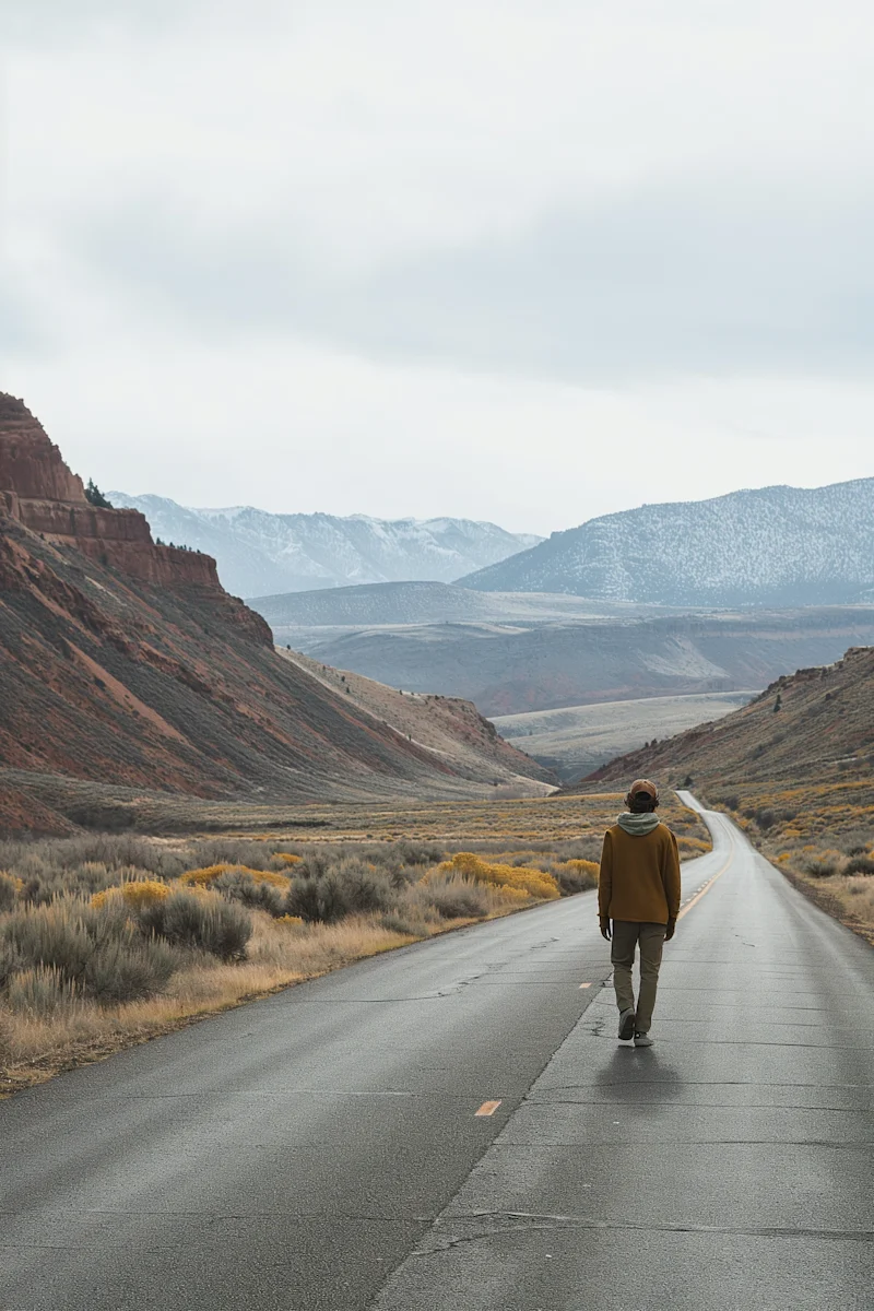 Lone traveler moving along an open road through a vast landscape.