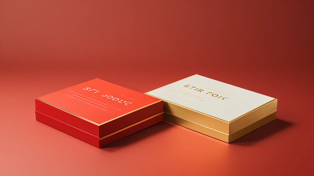 Minimal luxury product boxes arranged as a refined brand still life.