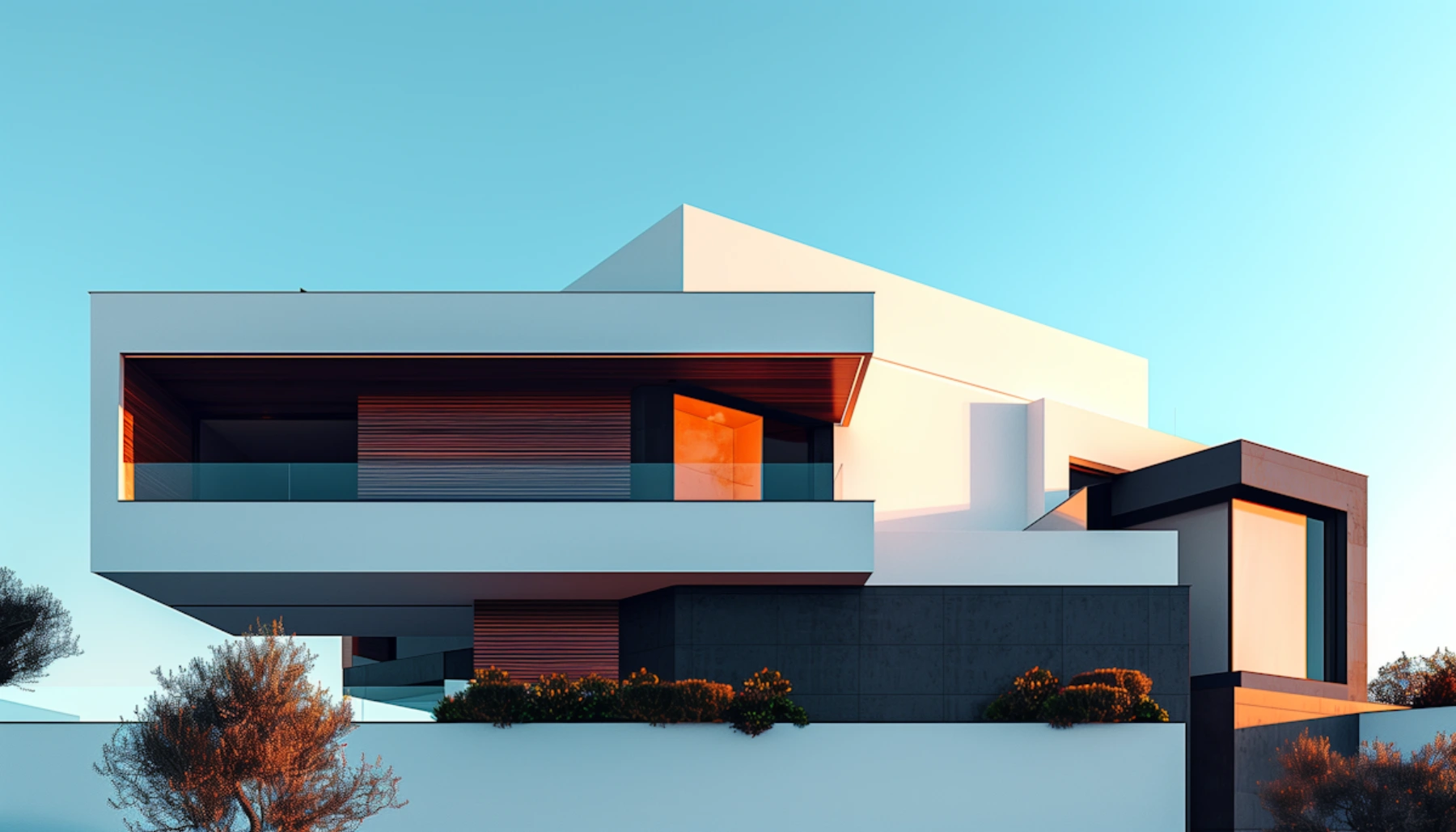 Modern architecture illuminated during twilight.