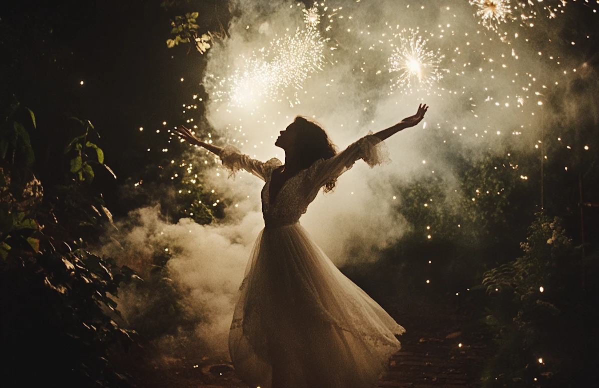 Silhouette of a woman against a display of fireworks.