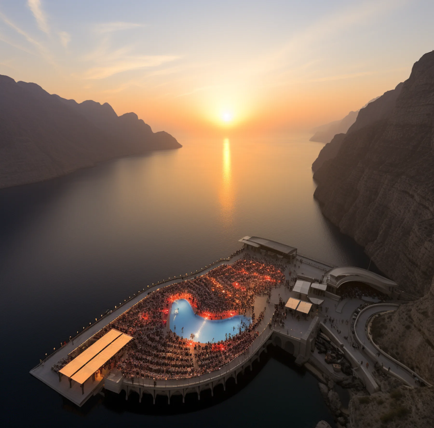 Musical performance at a cliffside amphitheater during a vivid sunset.