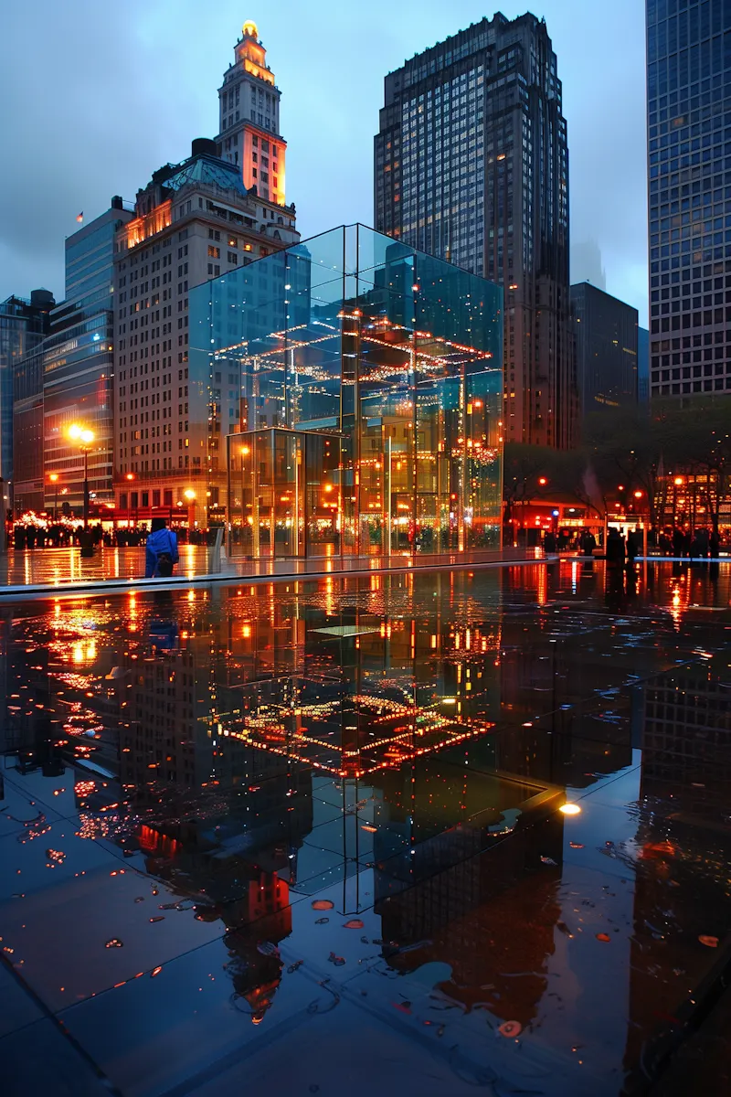 Evening cityscape reflected across calm water.
