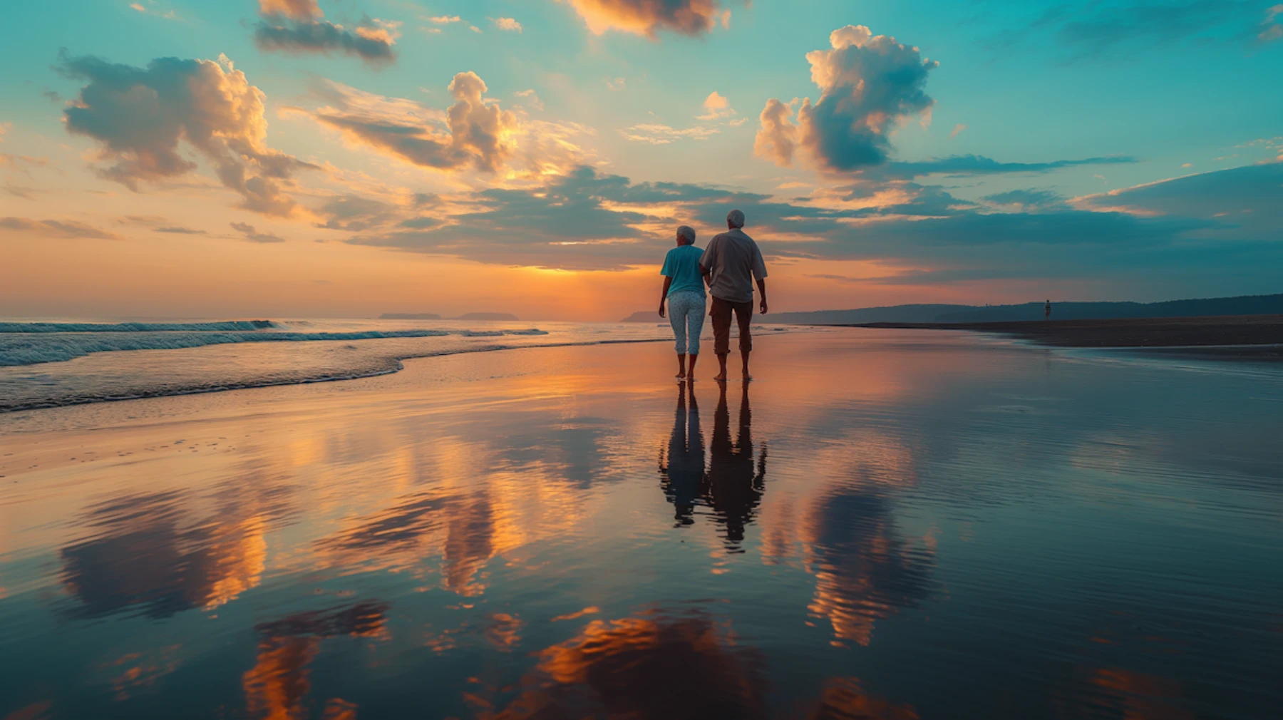 Elderly couple enjoying a peaceful sunset on the beach.