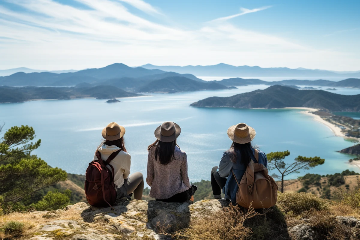 Three people quietly taking in an expansive natural landscape.