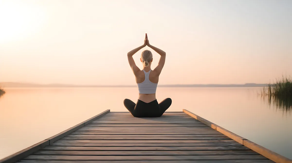 Woman practicing yoga beside a calm lake in a natural outdoor setting.