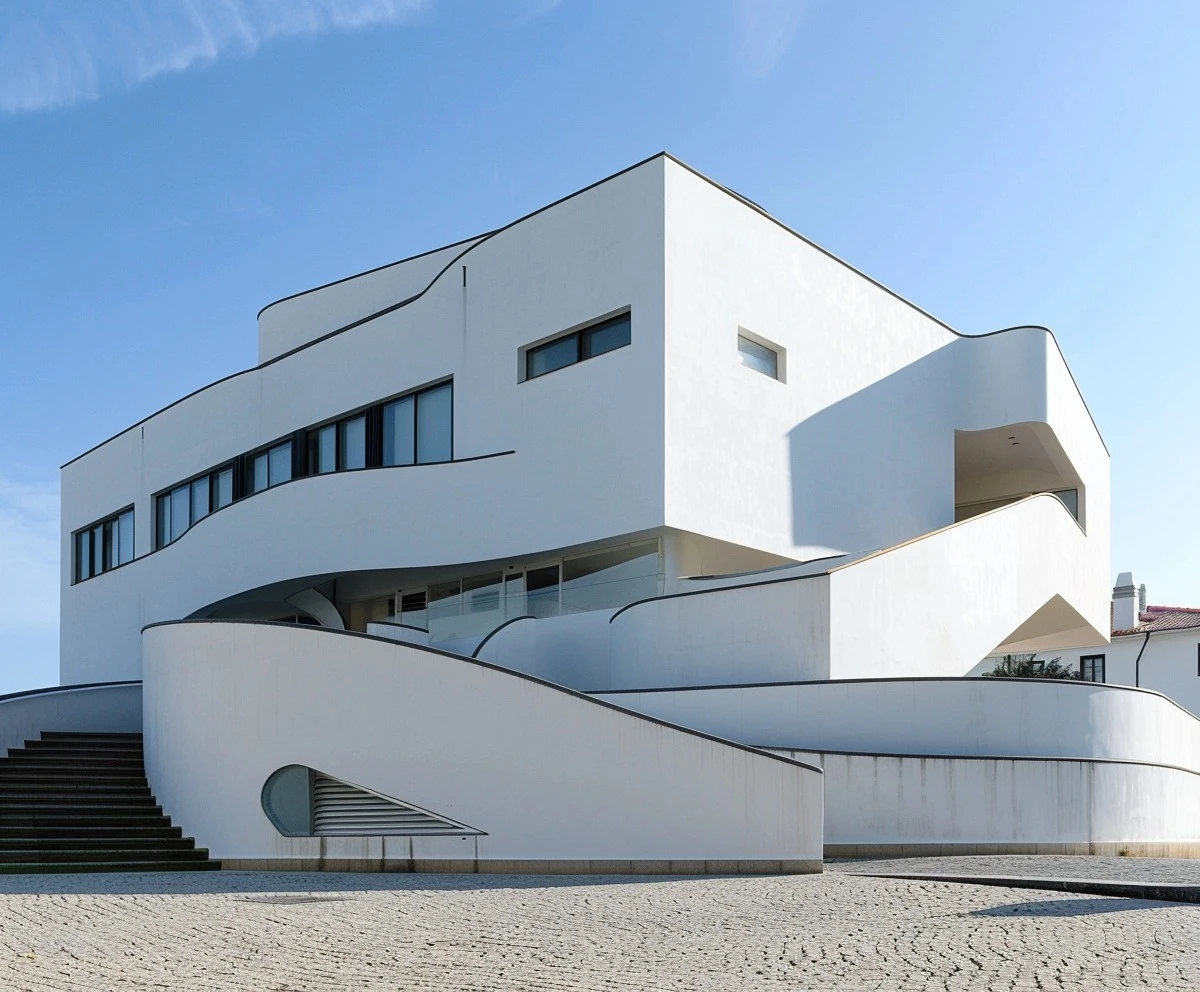 Modernist building showcasing clean geometric architectural forms.