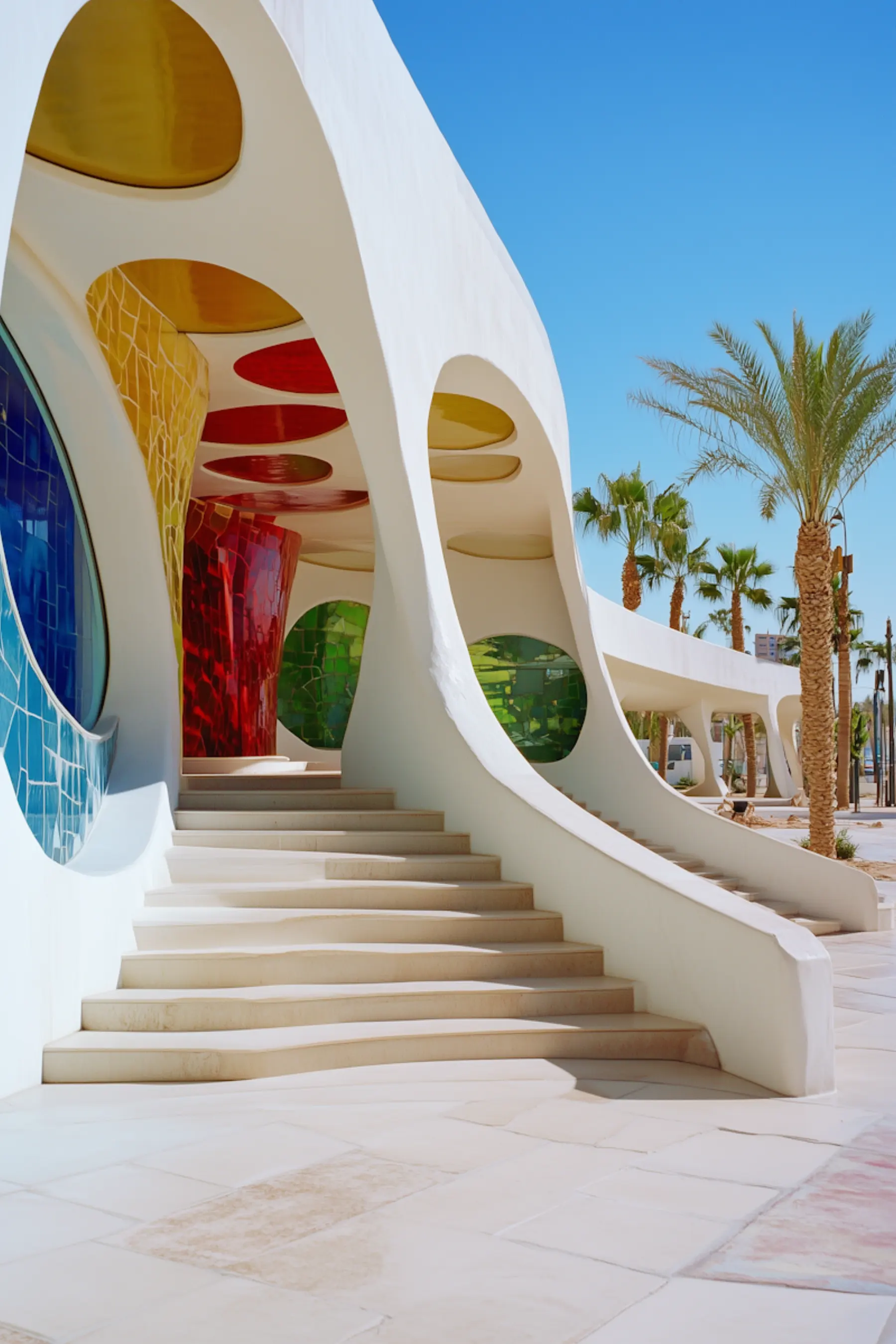 Modern architectural structure featuring distinctive stained glass details.