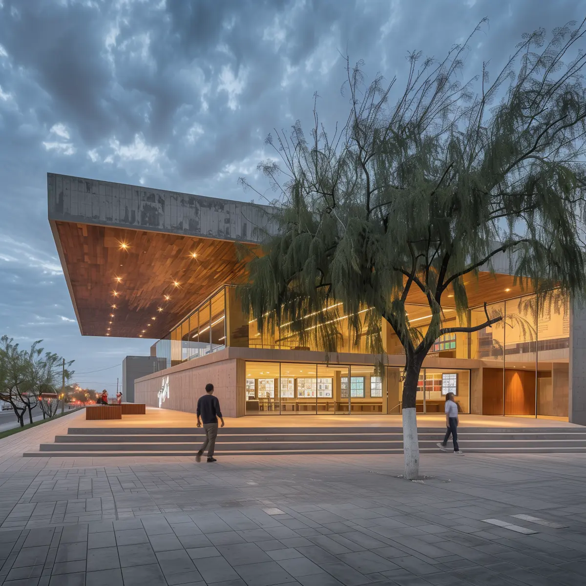 Modern architectural structure photographed in soft evening light.