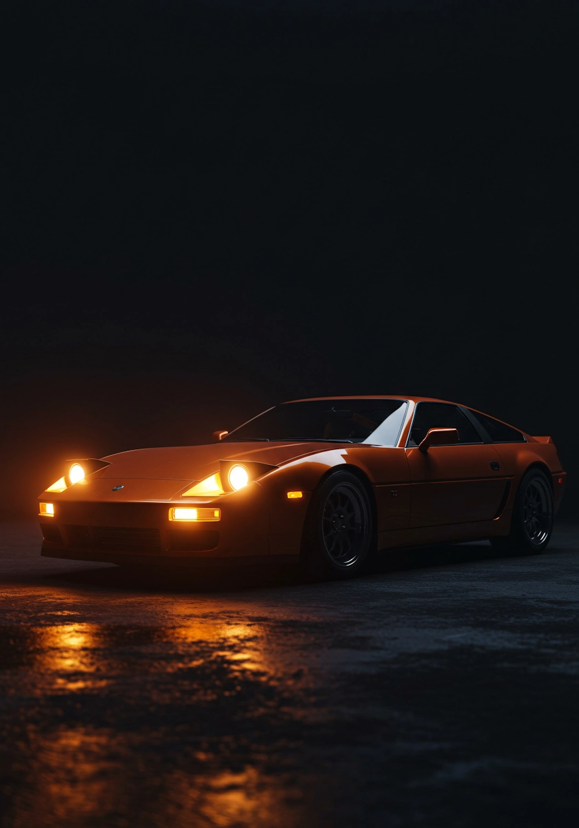 Orange sports car photographed in a striking automotive setting.