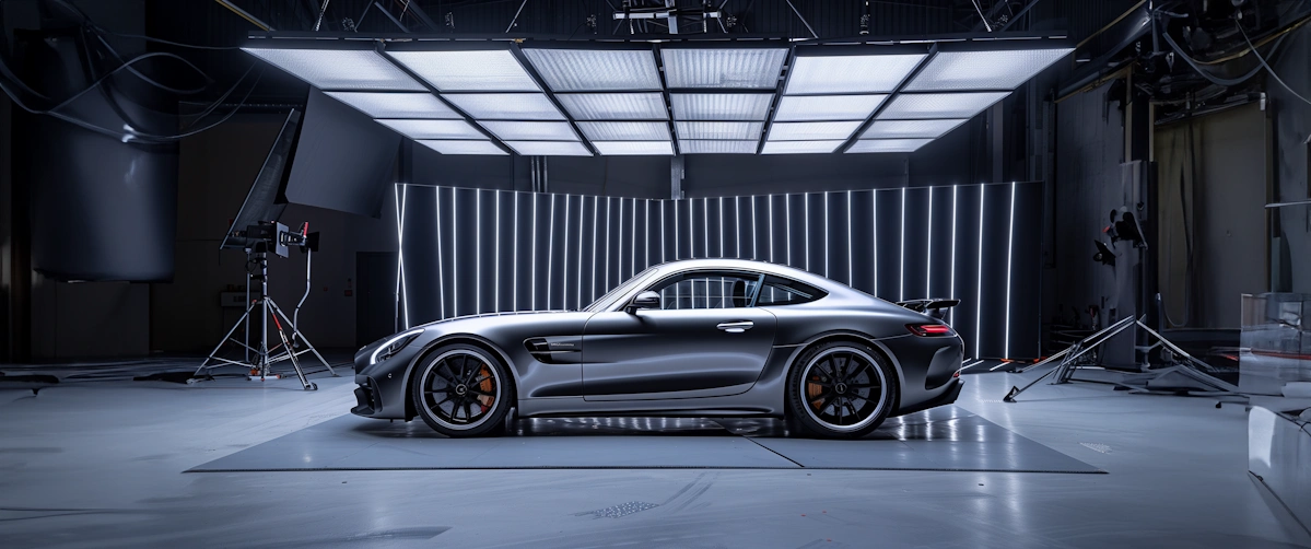 Sleek sports car photographed in a professional studio setting.