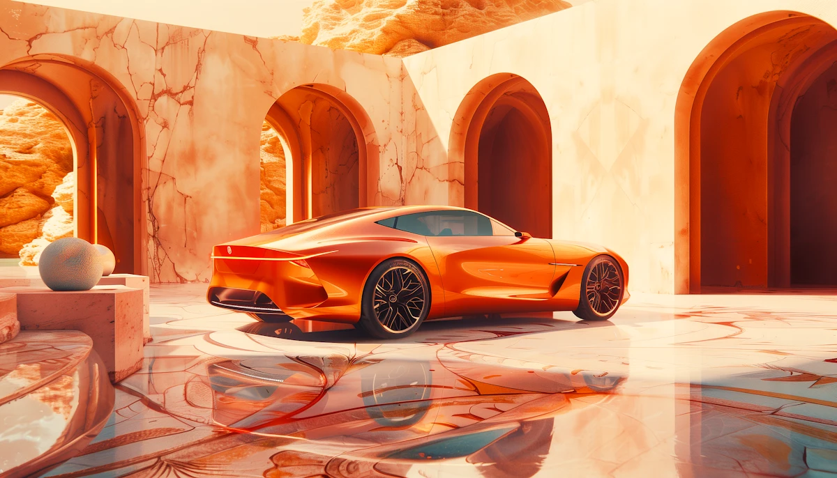 Futuristic orange sports car photographed in a luxurious setting.