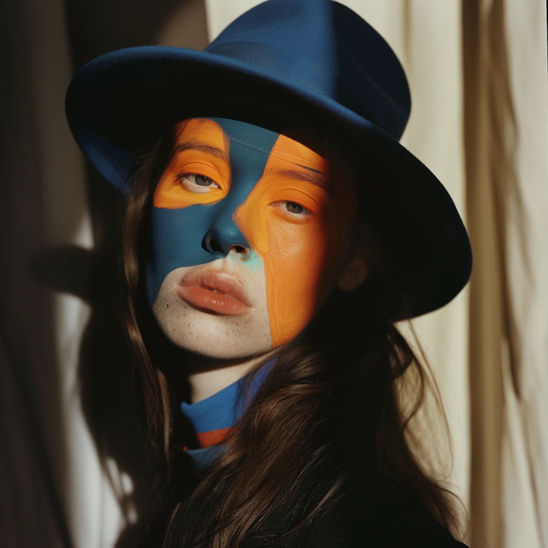 Editorial portrait featuring artistic face paint and expressive styling.
